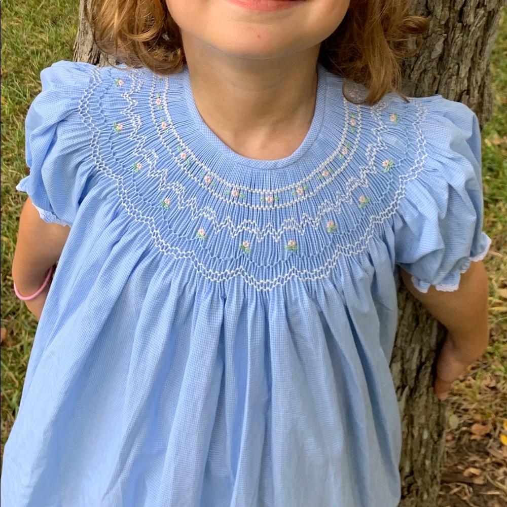 Handmade smocked blue gingham bishop